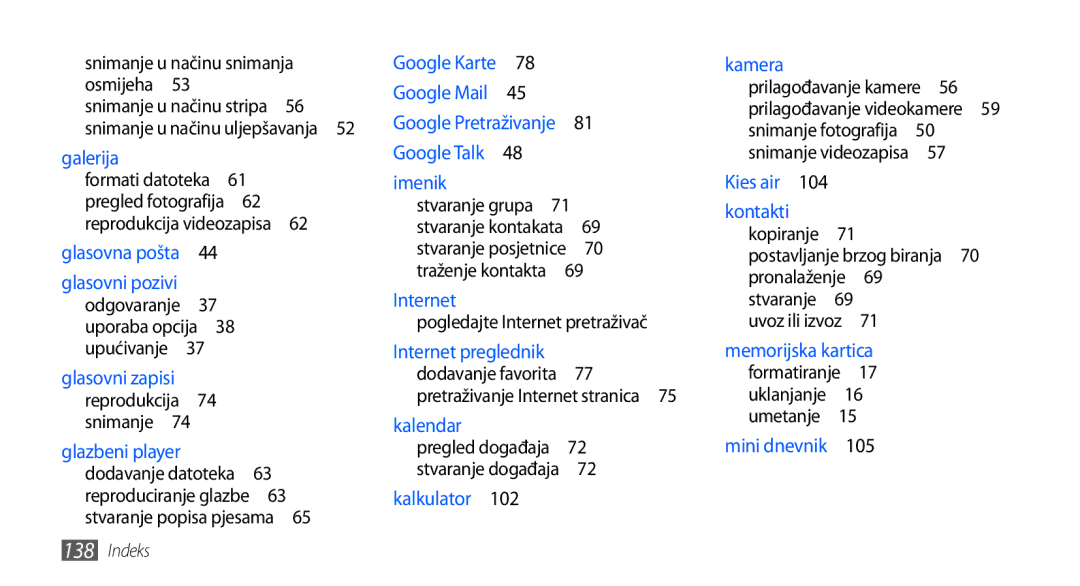 Samsung GT-I9001HKDVIP Stvaranje popisa pjesama , Pogledajte Internet pretraživač, Kopiranje Postavljanje brzog biranja  